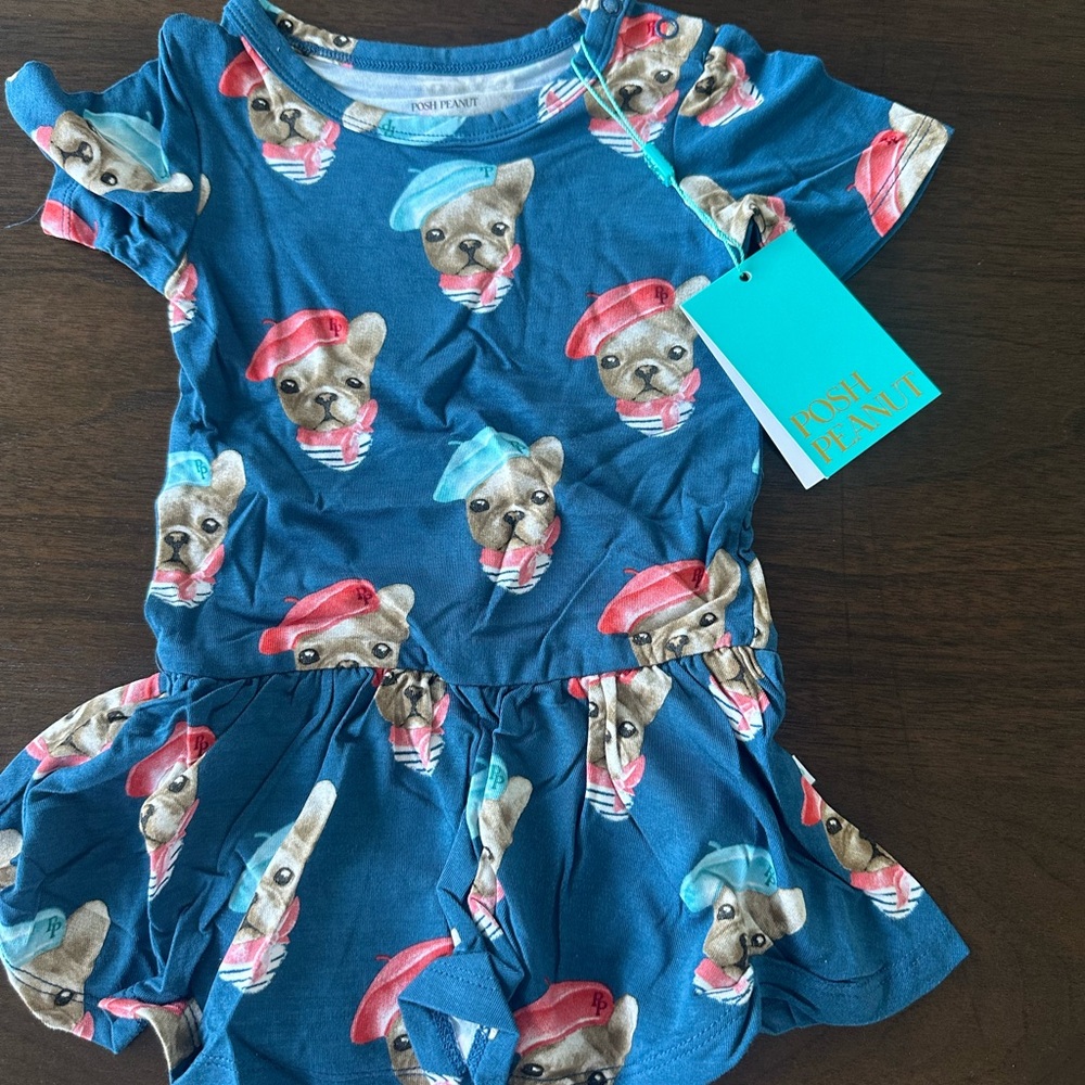 Posh Peanut Blue Puppy Print Girls Romper with Red and Light Blue Accents